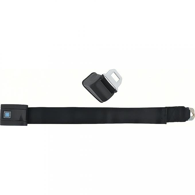 OER 1968-72 Front Bucket Seat Belt Assembly, RH, Standard, Silver Starburst Blue Button, Black Belt 154674